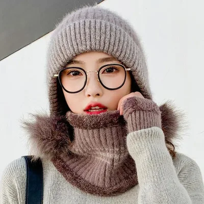 SUOGRY зимняя модная шапка и шарф набор женская шапка женский кашемировый шарф толстый теплый мех помпон вязаные шапки Леди Warps - Цвет: coffee