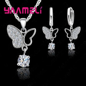 Sterling Silver Mosaic Butterfly CZ Crystal Paved Necklace Pendant Hoop Earrings Jewelry Set