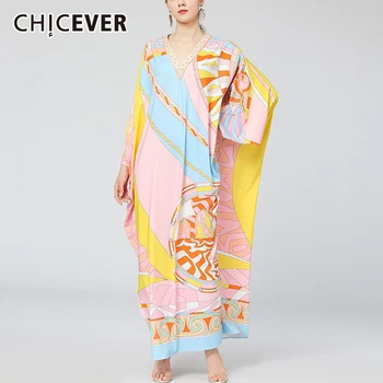 

CHICEVER Print Hit Color Dress For Women V Neck Batwing Three Quarter Sleeve Large Size Autumn Clothes Female 2020 New Fashion