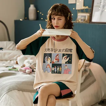 

Summer Pijama Pajama Sets Pyjama Femme Sleepwear Cute Simple Casual Print Short Sleeve T Shirts Sleepwear Home Clothes For Women
