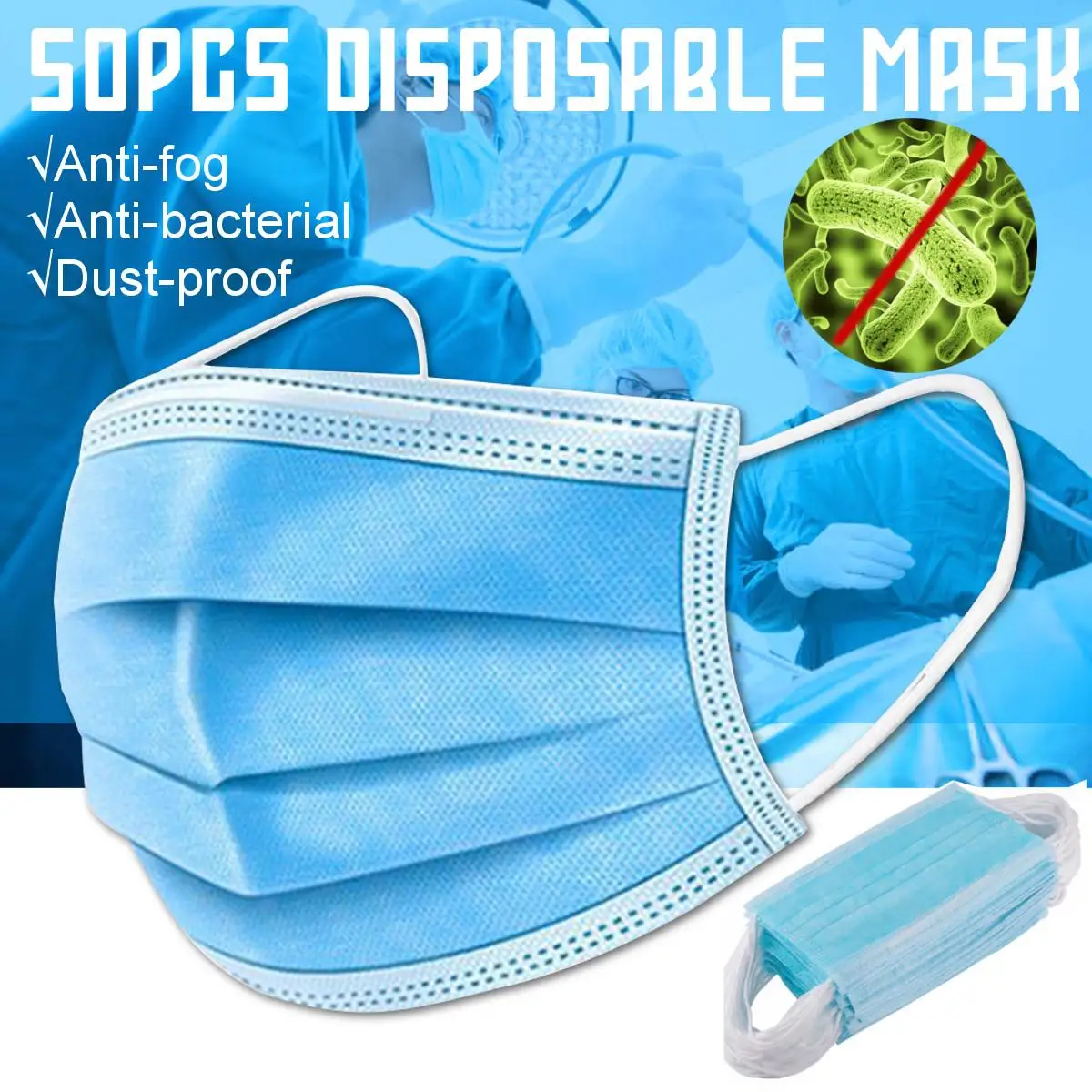 

100pcs Protective Masks 3-Ply PM2.5 Nonwoven Disposable Elastic Mouth Soft Breathable Anti-Bacteria Flu Hygiene Face Masks