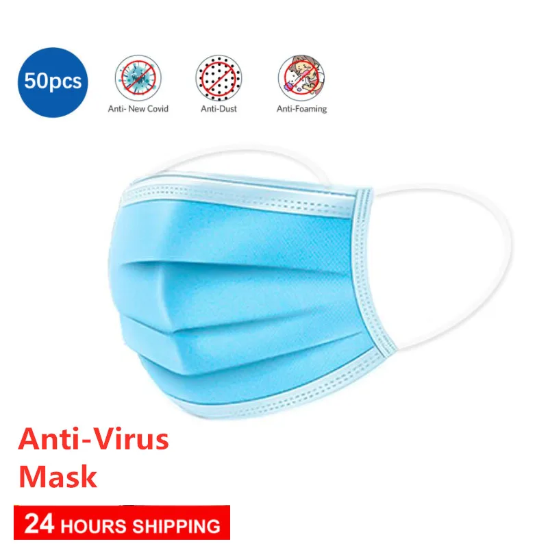 

50DHL Packs A Box of Disposable Masks 3-Layer Filter Dustproof Ear Hanging Non-woven Masks Windproof and Dustproof Unisex