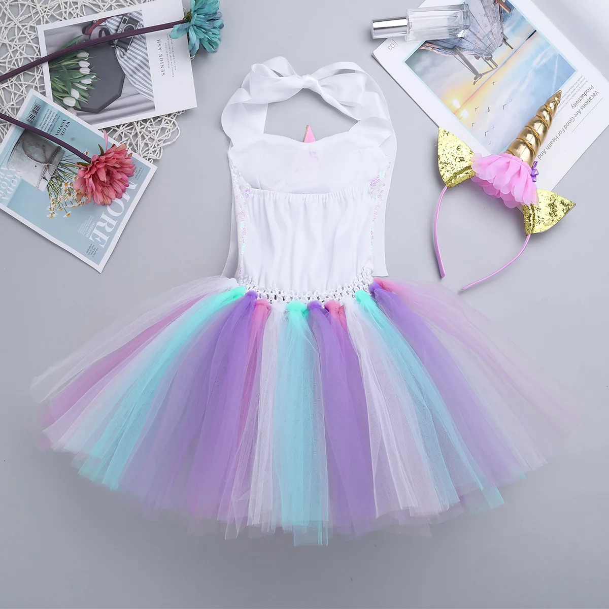 Kopen TiaoBug Kids Cartoon Outfit 3D Bloemen Pailletten Mesh Tutu Jurk Haar Hoepel Engelenvleugels Set Meisjes Halloween Anime Cosplay Kostuum