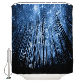 

Waterproof Polyester Fabric Shower Curtain Forest Sky Stars Black Moon White Shower Curtain