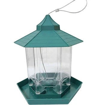 

New Bird Feeder Hexagon Shaped Plastic Green Waterproof with Roof Hanging Wild Bird Feeder for Garden Yard Decoration