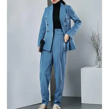 

Women's Pant Suits Office Lady Casual Terno Feminino Double Breasted Female Office Uniform Style Tuxedo Suits