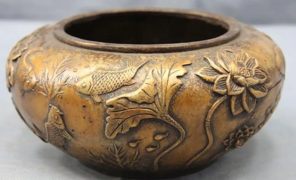 Китайский дворец бронзовая медная статуя рыба карп чайник &quotЛотос&quot Tadpole Tank Crock