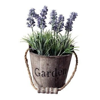 

Artificial Lavender Wedding Planter Pot Garden Vintage Plant Faux Flower Rustic Lounge Wood Bucket Cafe Decorations