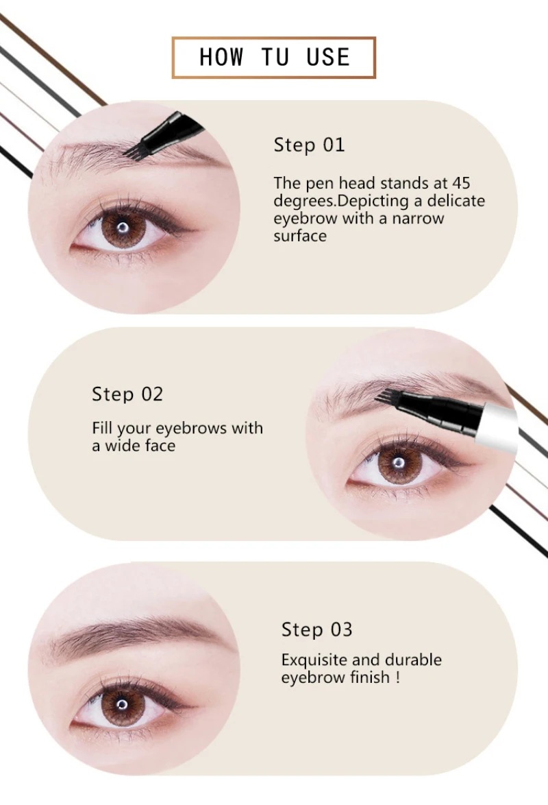 Natural 3D Microblading Eyebrow Tattoo Pen with 4 Micro Tips Superfine Sketch Liquid Eyebrow Pencil Waterproof Brow Tint TSLM2