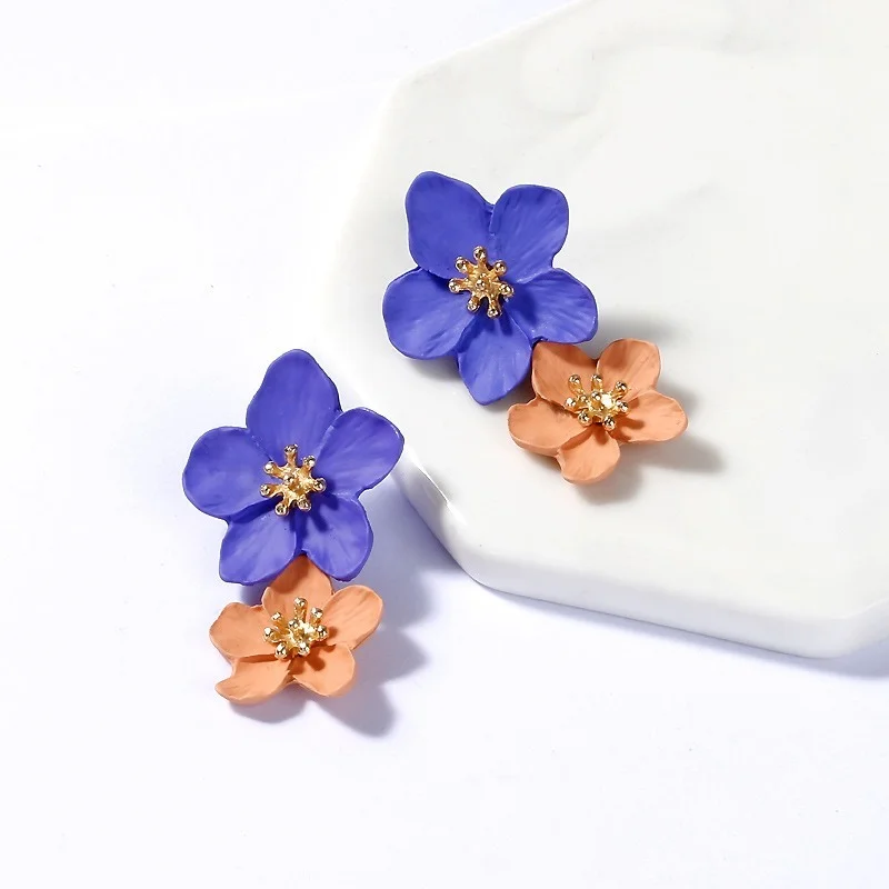 Flower Earrings New Design Fashion Jewelry Big Double Flower Mixed Color Earrings for Women Summer Style Party Wedding Exaggerated Earrings