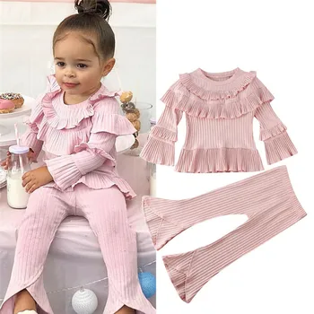 

1-6T Toddler Baby Girl Clothes Sets Solid Pink Ruffle Long Sleeve Tops T-Shirt Pleated Striped Long Pants Outfits Girls Clothes