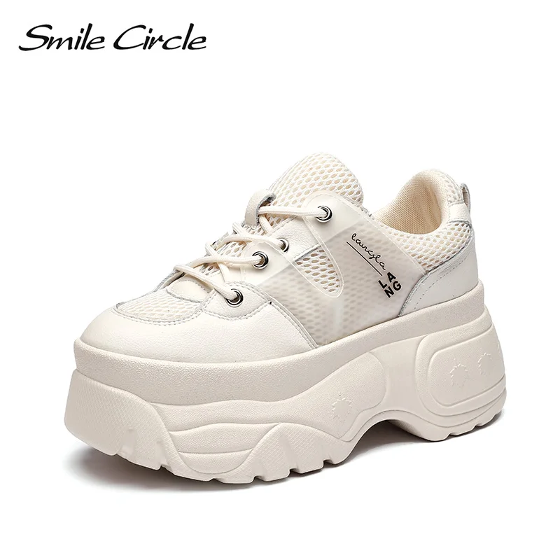 Smile Circle Genuine Leather Sneakers Women Flat Platform Shoes Autumn Breathable mesh women Thick bottom shoes