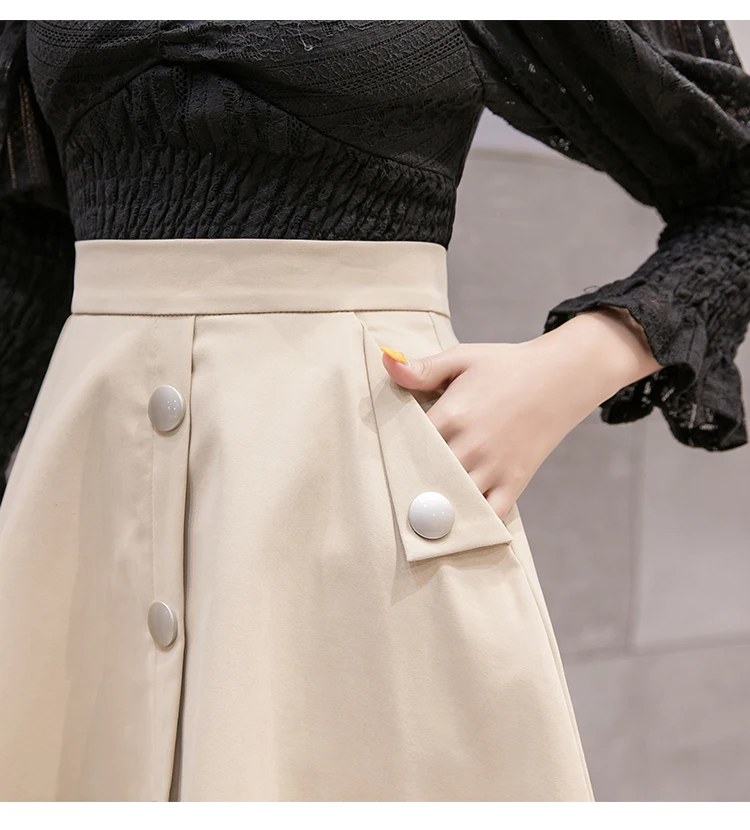 Осенняя Новая женская миди юбка Корейская шикарная однобортная трапециевидная юбка с высокой талией Женская винтажная повседневная юбка-зонтик