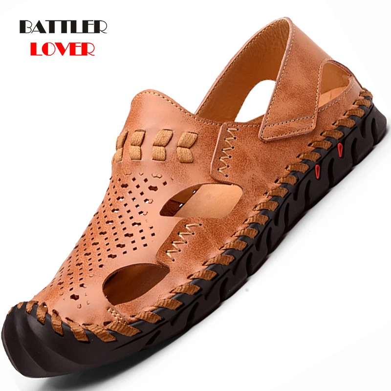 2019 New Summer Sandals Men Breathable High Quality Genuine Leather Sandals Man Flats Plus Size Fashion Casual Beach Men