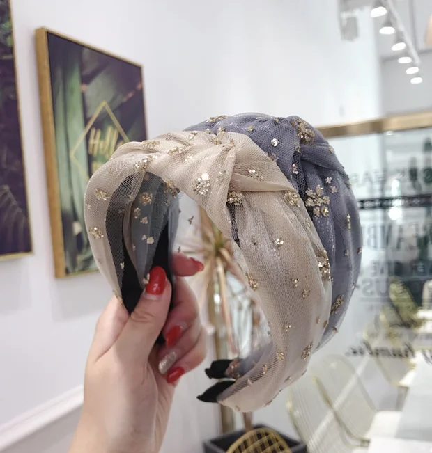 Новые высококачественные аксессуары для волос Корейская версия простой бронзовой блестки цветы сетка завязанный узел широкая повязка на голову