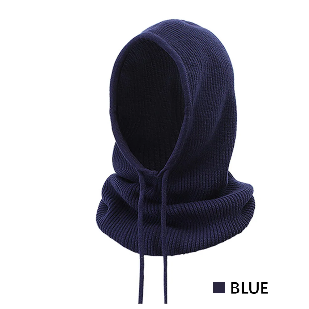Зимние вязаные шапки унисекс с капюшоном для женщин, теплые одноцветные шапки, мягкий шарф для мужчин, сохраняющий тепло, мужской стиль - Цвет: Тёмно-синий