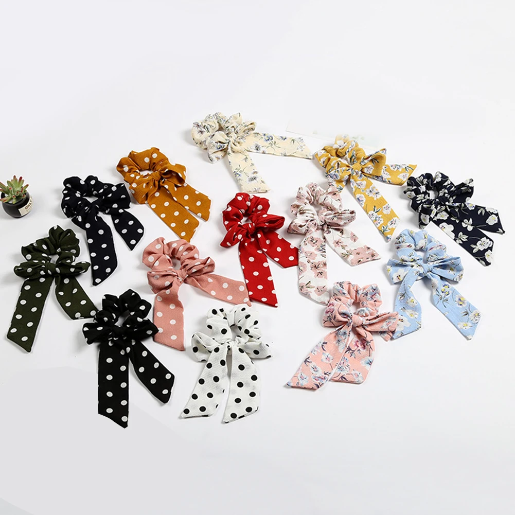 

Bohemian Polka Dot Floral Printed Ribbon Bow Hair Scrunchies Women Elastic Hair Band Scarf Hair Rope Ties Girls Hair Accessories