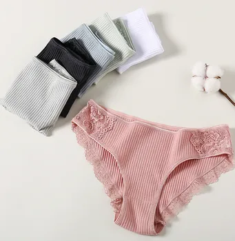 

Pure Cotton Lace Underwear Ribbed Comfortable and Breathable Women's Underwear Underwear Sexy Waist Bamboo Fiber Mid-Rise