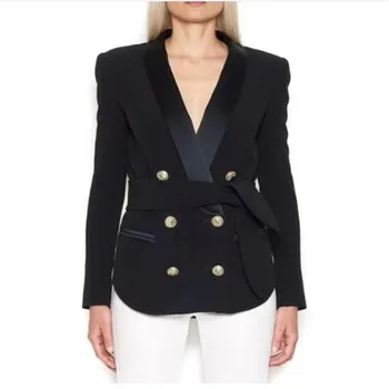 

HIGH QUALITY Newest 2019 Designer Blazer Jacket Women's Double Breasted Lion Buttons Lacing Belt Blazer Outer Wear