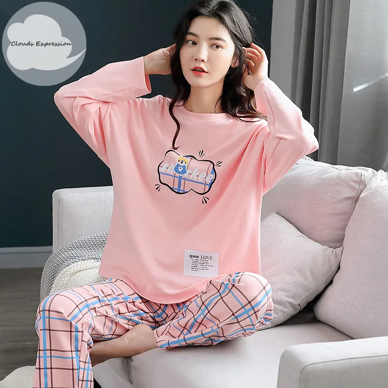 Spring Autumn Women's Sleep Lounge Pajama Long Sleeved Woman Pajama Set Cartoon Pyjamas Cotton Sleepwear M L XL XXL XXXL Fashion