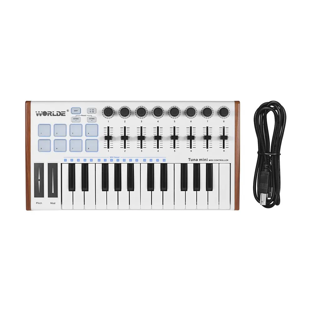 MIDI Controller WORLDE TUNA Mini Portable 25Key USB MIDI Keyboard Controller Backlit Trigger Pad Professional Musical instrument