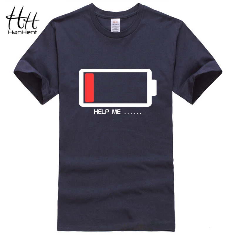 Hanhent Men T shirt Letters HELP ME Energy Low TShirt Male Battery Funny Cotton Tops Tees Boys 3D Fashion Summer Paried Tshirts | Мужская