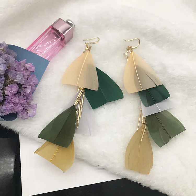 

Japanese Korean New Style Feather Tassels Versatile Elegant Long Exaggeration Earrings Cool Pendant Simple Versatile Ear Stud Wo