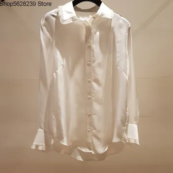 

French Elegant 2020 Pearl Buckle Long Sleeve Folds Trim Mulberry Silk Women's Wear Shirt 190672