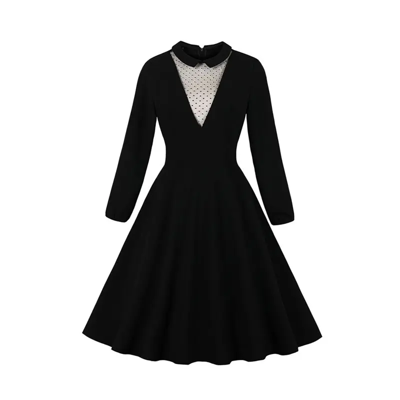 

Retro Lapel Lace Polka Dot Gothic Black Dress Knee-Length Standard-Waist Mid Dresses Elegant Chic Long Sleeve Party Splice Robe