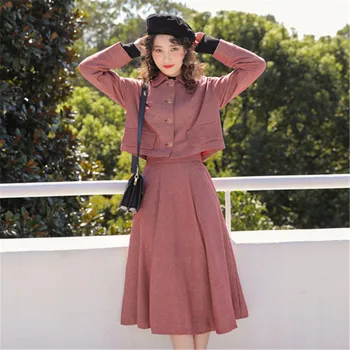 

Autumn Winter Women Vintage Woolen Blend 2-Piece Set Long Sleeve Lapels Single-breasted Short Top + Midi Pleated Skirt Set
