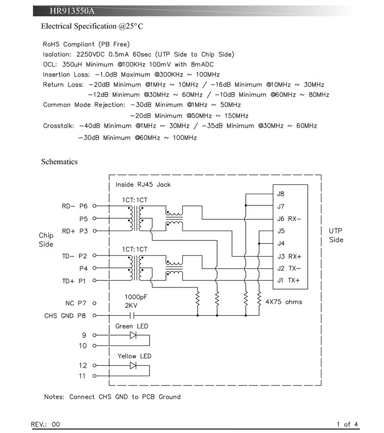 1 шт. HR913550A RJ45 разъем 100Base-T WiFi сетевой разъем с светодиодный