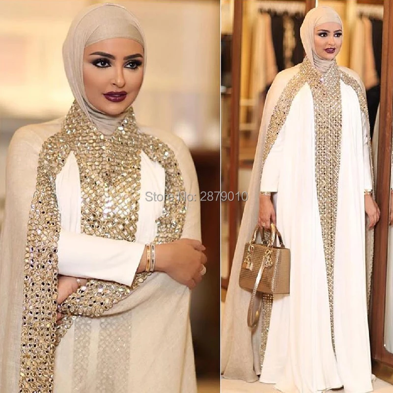 

Champagne White High Neck Muslim Long Evening Dresses 2019 Long Prom Robe Party Dress The veil With Chiffon Beaded Rhinestone