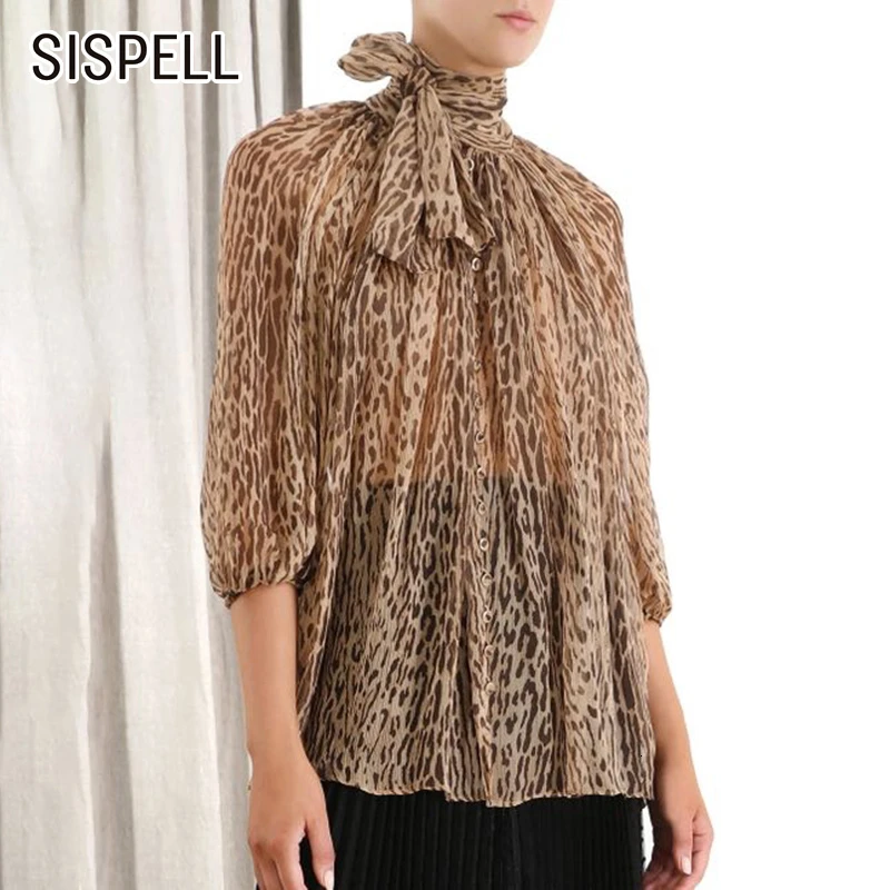 SISPELL/Винтажные женские леопардовые рубашки с бантом и воротником стойкой блузка
