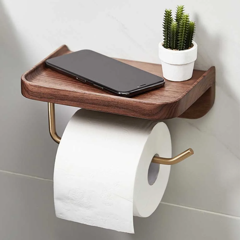 

Bathroom Towel Roll Shelf Wall Mounted Roll Paper Holder Household Toilet Solid Walnut Wood Tissue Bracket WC Paper Phone Holder