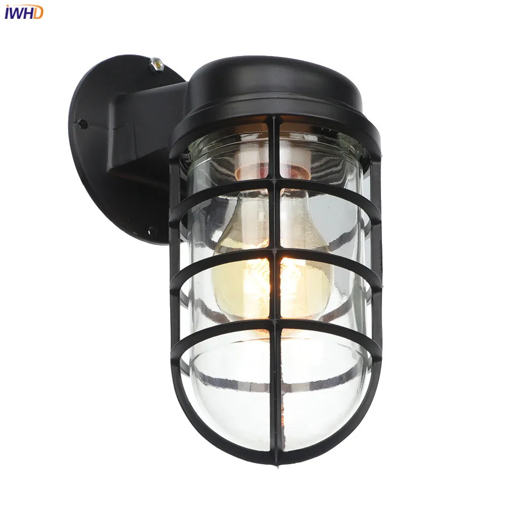 IWHD American Country Retro LED Wall Lights For Home Lighting Black Metal Bathroom Mirror Stair Light Glass Vintage Wall Lamp