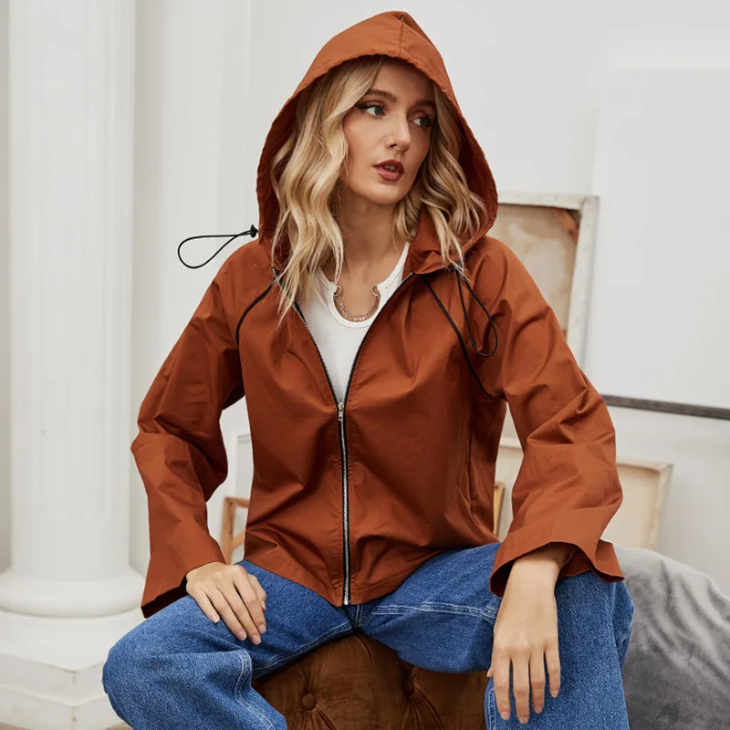 

European Style Woman Coat Zipper Long Sleeve Jackets Hooded Spring Autumn Woman Jacket