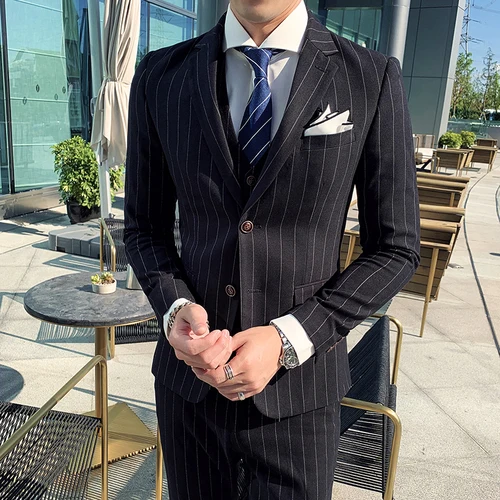 Мужской модный деловой Повседневный британский джентльмен(Блейзер+ жилет+ брюки) трендовый Высококачественный тонкий костюм в полоску костюм из трех предметов - Цвет: black