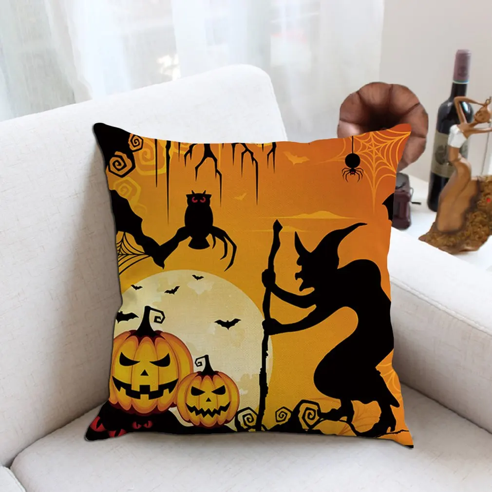 Halloween Pillowcase Cushion Cover Printing Square Pillow Case Black Night Mysterious Night Witch Pumpkin Bat Spider