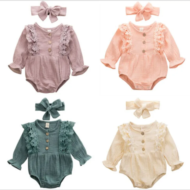

Pudcoco Baby Spring Autumn Bodysuits Newborn Infant Kids Clothes Girls Warm Cotton Linen Button Ruffled Jumpsuit Headband