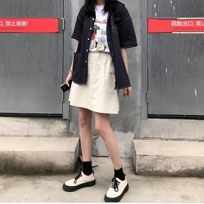 

Summer Casual Versatile Loose-Fit Simple Workwear Skirt Hong Kong Flavor Solid Color Pocket Slimming Elastic Waist A- line Short