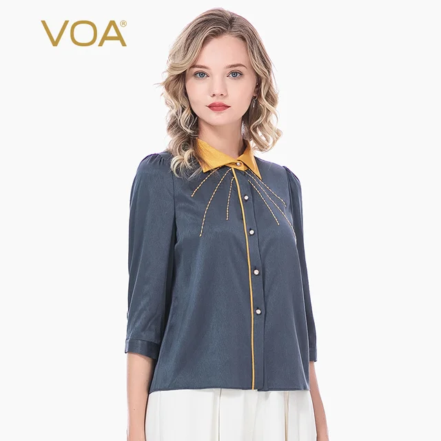 VOA Satin 19mm Dark Gray Twill Silk Lapel Diamond Buttons Orange Arch Needle Three Quarter Sleeve Shirt Female BE150