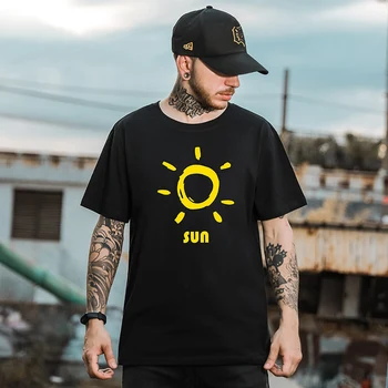 

Cotton Men's T-Shirt Short Sleeve Sun Printing Causal Tshirt Loose Summer Black Oversized Tees