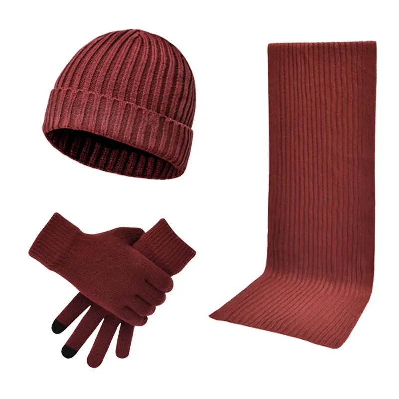 Вязанная зимняя шапка и шарф-перчатка, набор для мужчин и женщин, шерстяная шапка, женские шапки и шарфы, комплект перчаток из трех предметов, сохраняющие тепло - Цвет: wine
