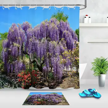 

Spring Garden Wisteria Tree Fabric Shower Curtain Set Bathroom w/12 Hooks