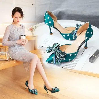 

Women Bow Cotton Fabric Sandals Ladies Shoes Flower Slip On Pointed Toe Thin Heels Female Party Platform Shoes 2020 New