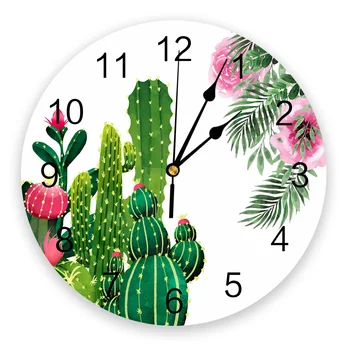

Circular Wall Clock Cactus Tropical Flower Leaves Wall Clock Home Decor Bedroom Silent Oclock Watch Wall for Living Room