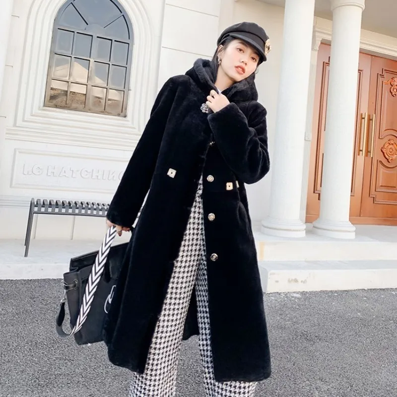 2020 Winter Women Real Fur Long Coat Sheep Shearling Overcoat Mink Collar Hoody Outwear Lady Luxury Natural Wool Jacket | Женская одежда