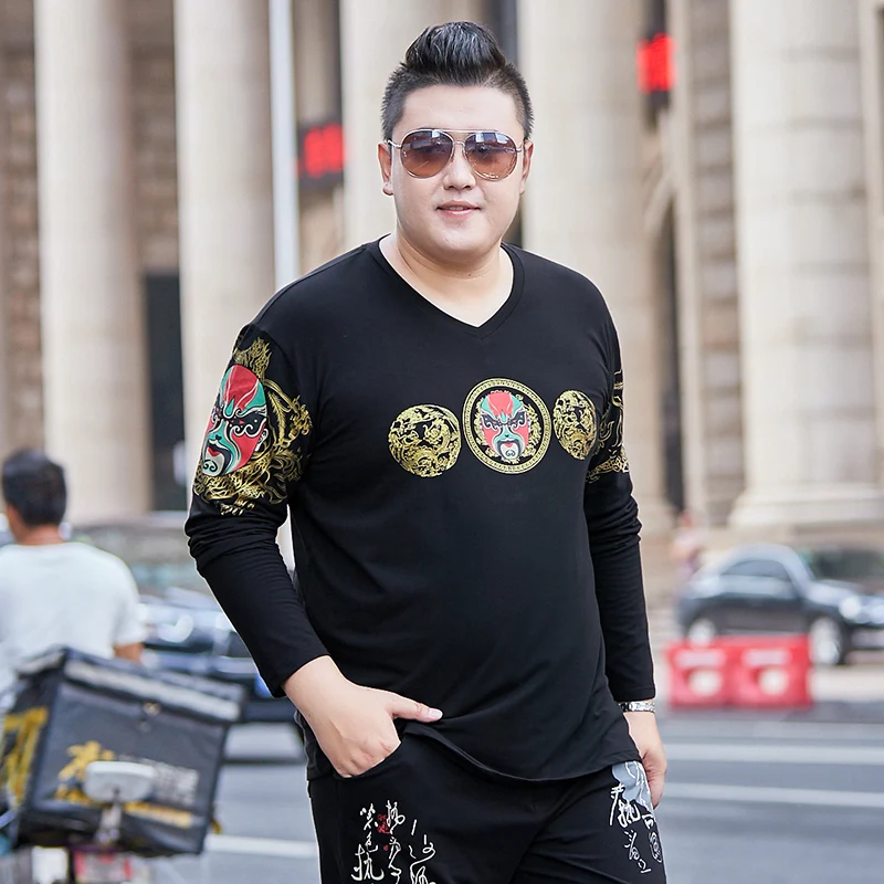 Новинка, большие размеры 8XL 7XL 6X, молодежная печать,, новые весенние высокоэластичные хлопковые футболки, мужская облегающая футболка с длинным рукавом и v-образным вырезом
