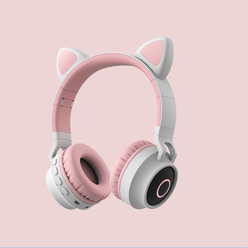 Cartoons Head Mounted Wireless Bluetooth Headphones Kid Pink Cat Ear Foldable Stereo Sound Luminous Headset Kids Earphone