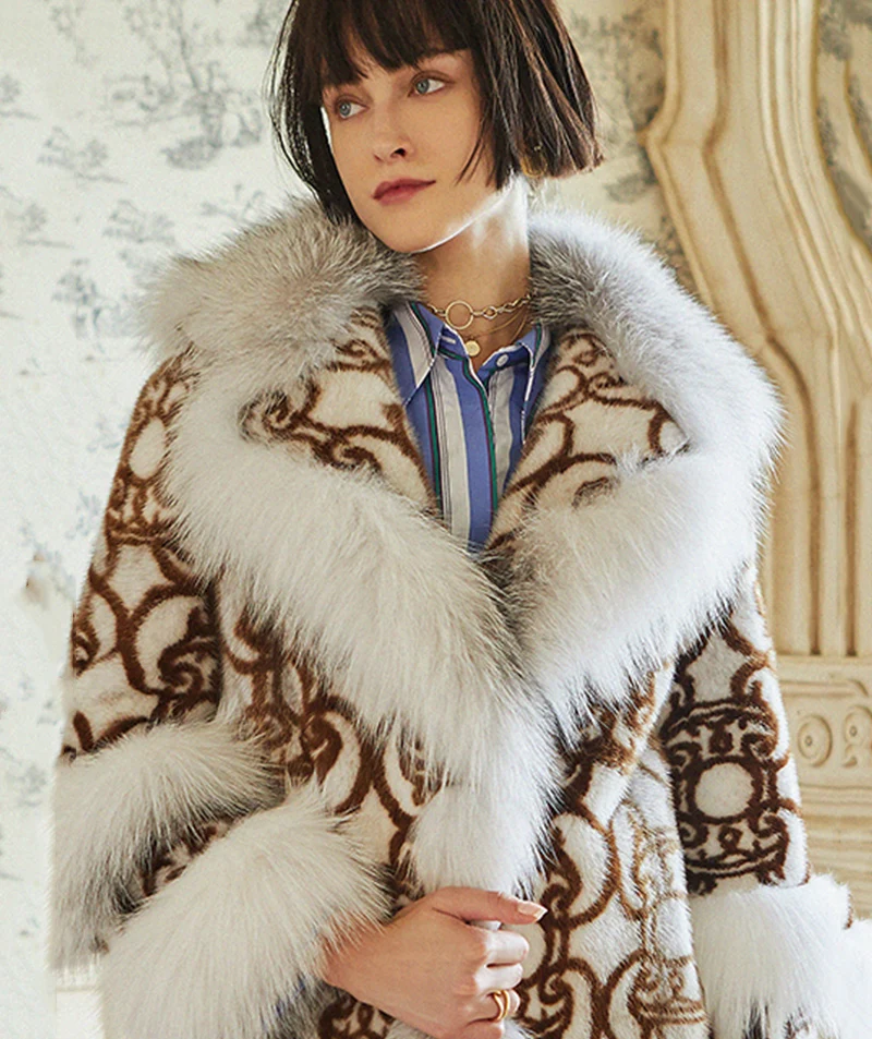 Ftangaiur Winter Import Velvet Mink Coat With Fox Fur Collar Print Soft Natural Fur Coat Women's Long Real Mink Fur Coats